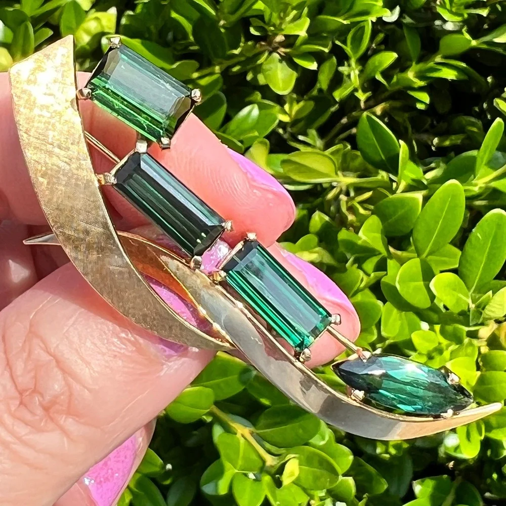 VINTAGE 18K GOLD CUSTOM LARGE GREEN TOURMALINE PIN BROOCH STATEMENT FLORENTINE